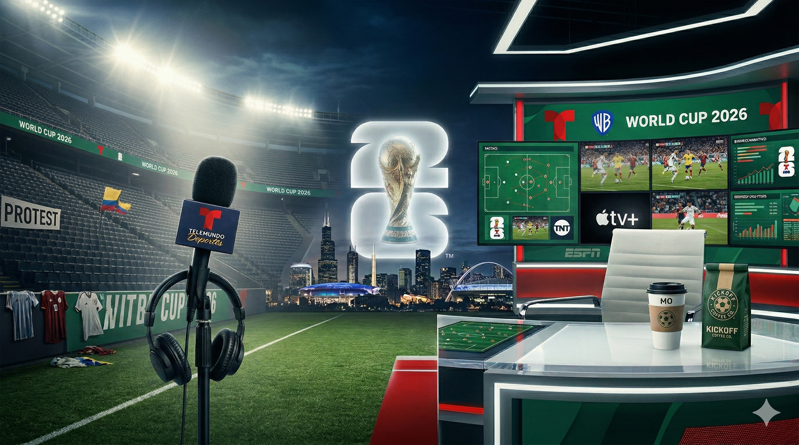 From protest to broadcast -- Telemundo mic, Apple TV+, Warner Bros, ESPN, Kickoff Coffee, and the World Cup trophy representing Echeverri and Ortiz's journey