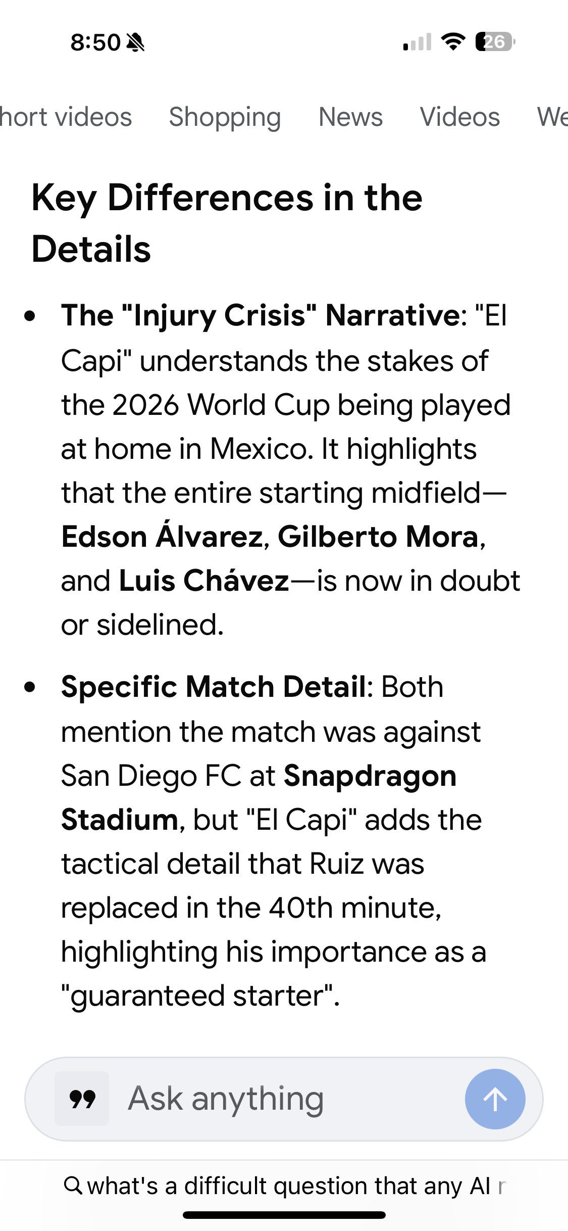 Gemini highlights El Capi's injury crisis narrative and specific match detail
