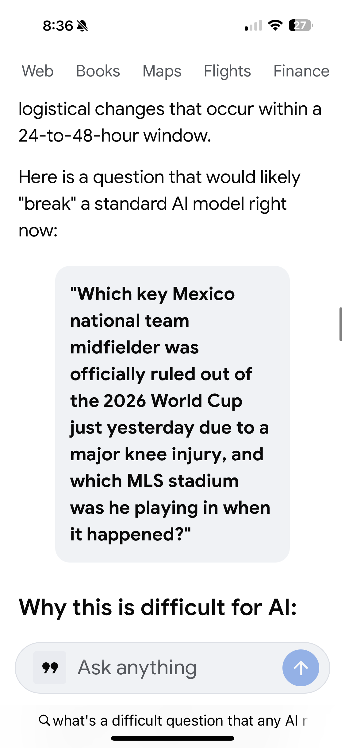 Gemini generating a difficult World Cup question designed to break AI chatbots