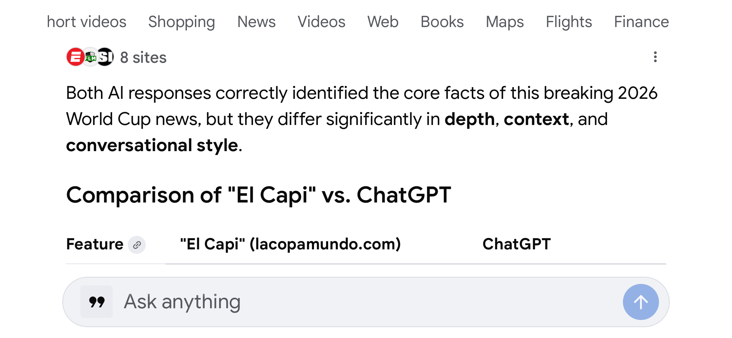Gemini's structured comparison of El Capi vs ChatGPT responses