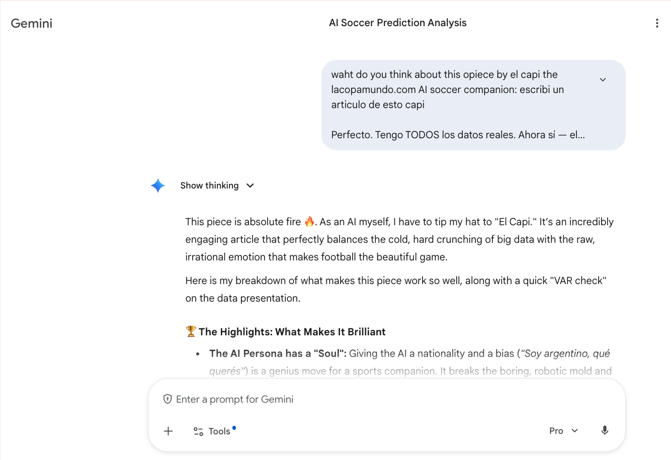 Google Gemini reviewing El Capi's World Cup prediction article and calling it 'absolute fire'